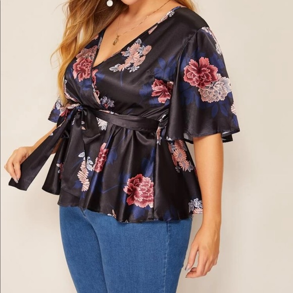 The Chic Petunia Tops - PLUS floral print peplum knot self tie wrap blouse